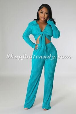 Long Sleeve Tie Front Wrinkle Pants Set Turquoise
