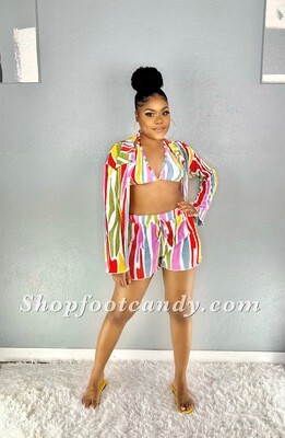Long Sleeve Three Piece Short Set Multi