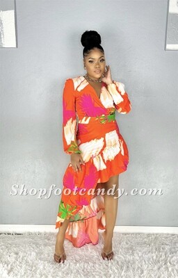 Long Sleeve Ruffle High Low Dress Orange