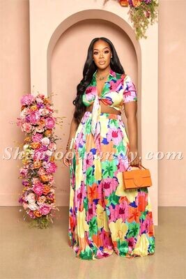 Short Sleeve Tie Front Maxi Skirt Set Floral