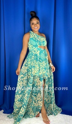 One Shoulder Cut Side Split Dress Green 