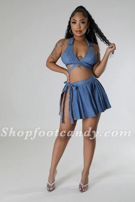 Halter Open  Side Skirt Set Denim