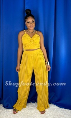 Spaghetti Strap Pleated Pants Set Mustard