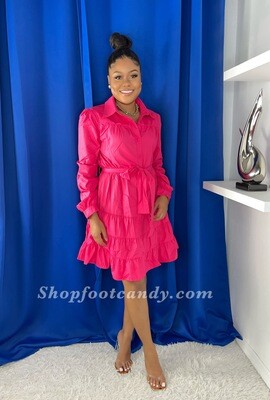 Long Sleeve Button Up Dress Fuchsia