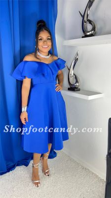 Ruffle Off Shoulder Skater Midi Dress Royal Blue