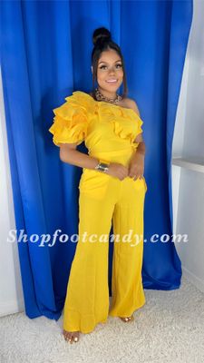 One Sleeve Ruffle Jumpsuit Yellow