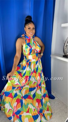 Open Back Pleated Maxi Dress Multi