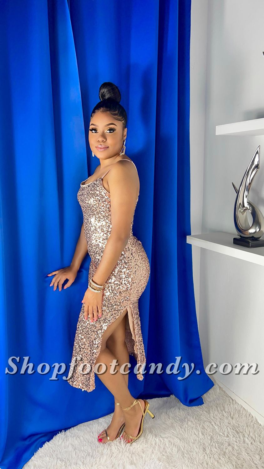 Spaghetti Strap sequin Dress Rose gold