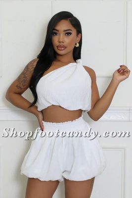 One Shoulder  Balloon Short Set White