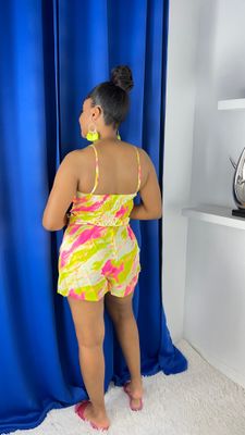 Spaghetti Strap Elastic Back Short Set Yellow/Pink