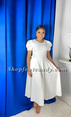 Short Sleeve Flare Dress  White