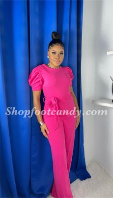 Short Sleeve Tie WaistJumpsuit Fuchsia