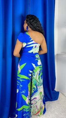 One Shoulder Tropical Jumpsuit Royal Blue