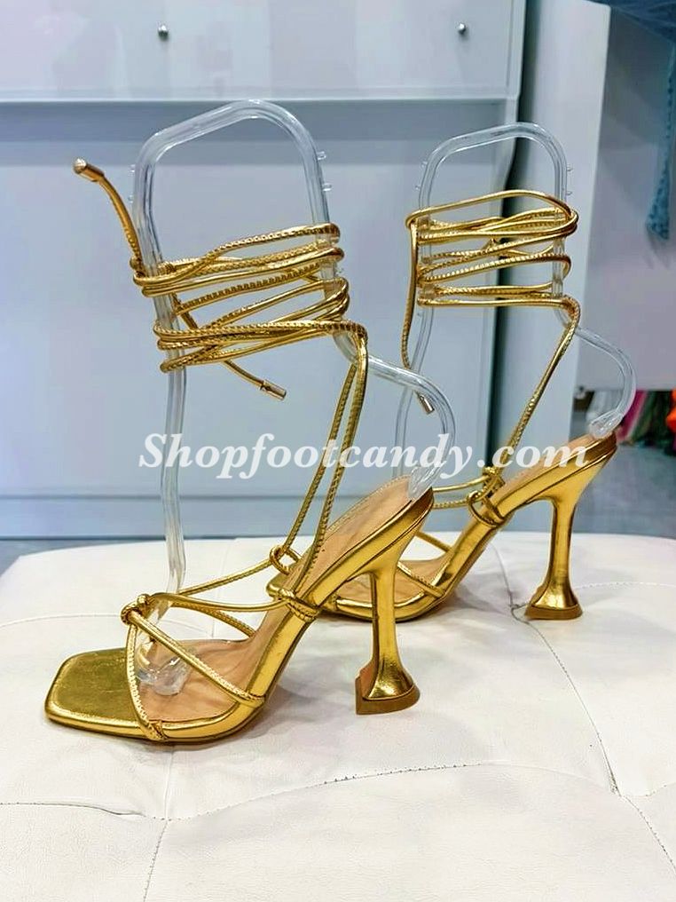 Tie Up Knot Front Square tip Heel Gold
