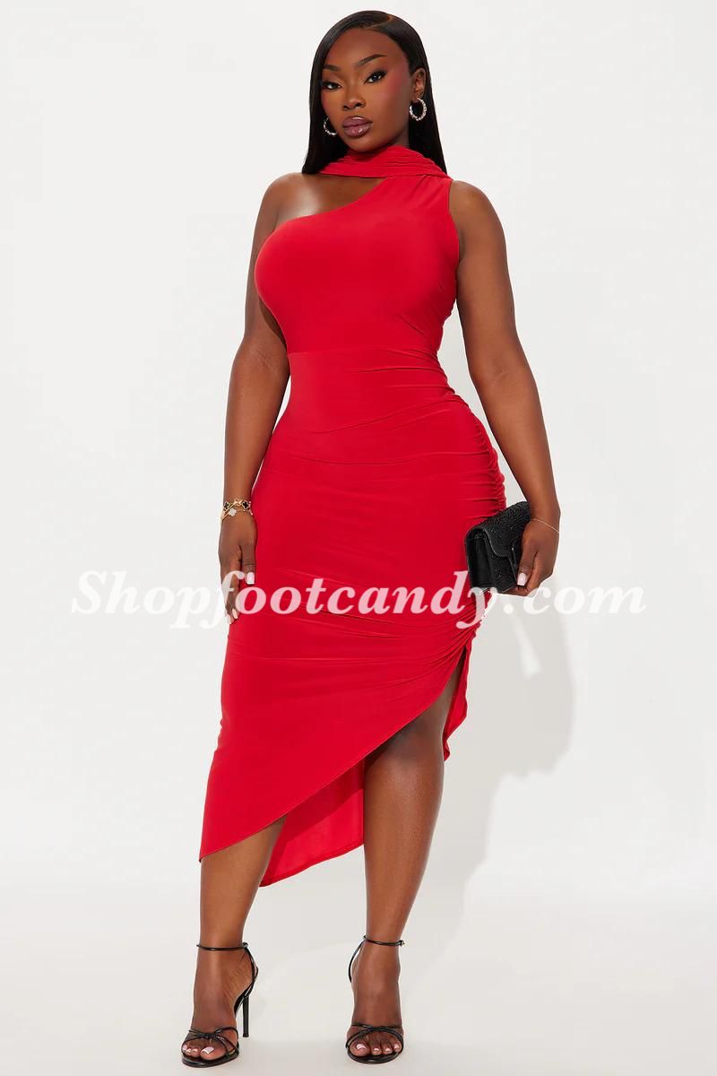 One Shoulder Drape Back Dress Red Plus