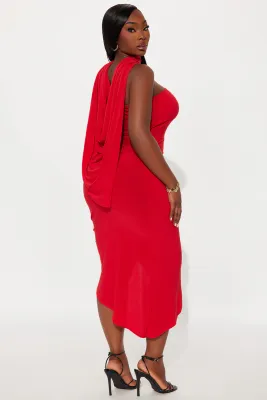 One Shoulder Drape Back Dress Red Plus