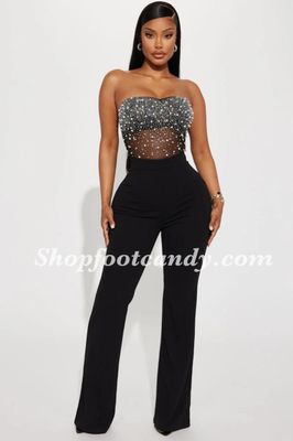 Tube Rhinestone And Pearl Jumpsuit Black