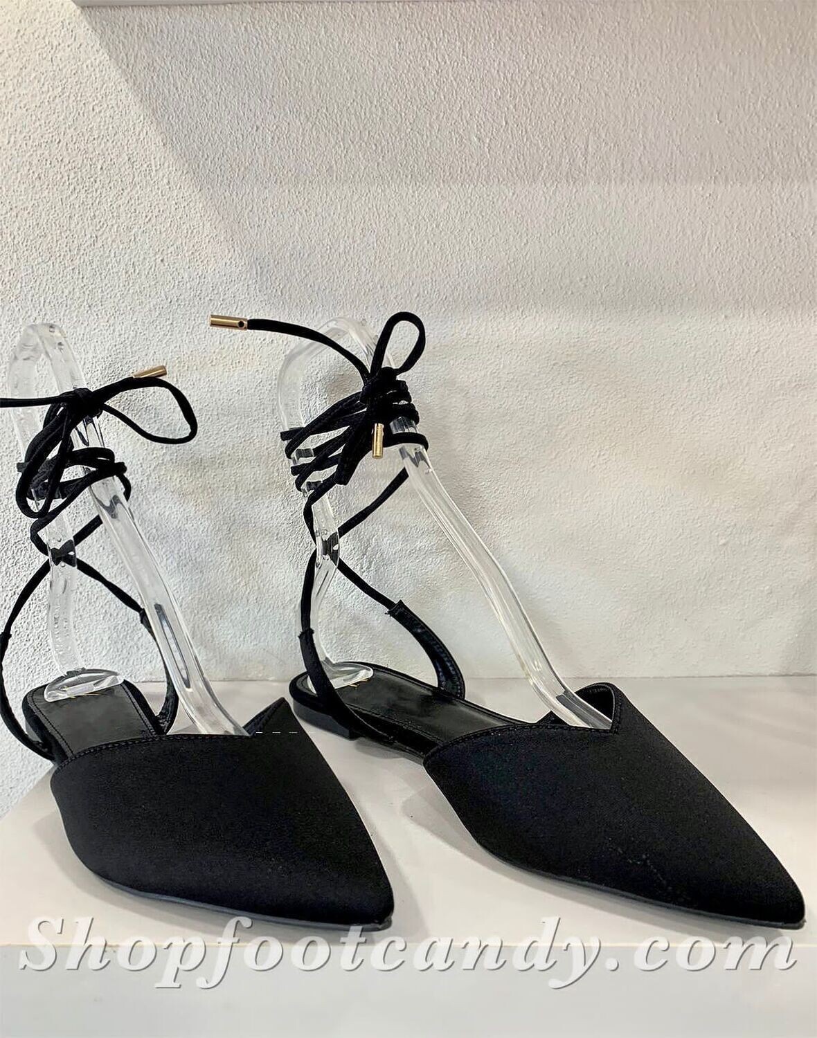 Tie Up Pointy  Closed Toe Flat Black