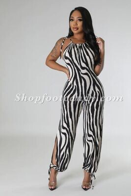 Tie Shoulder Split Legs Jumpsuit Zebra Black/Cream