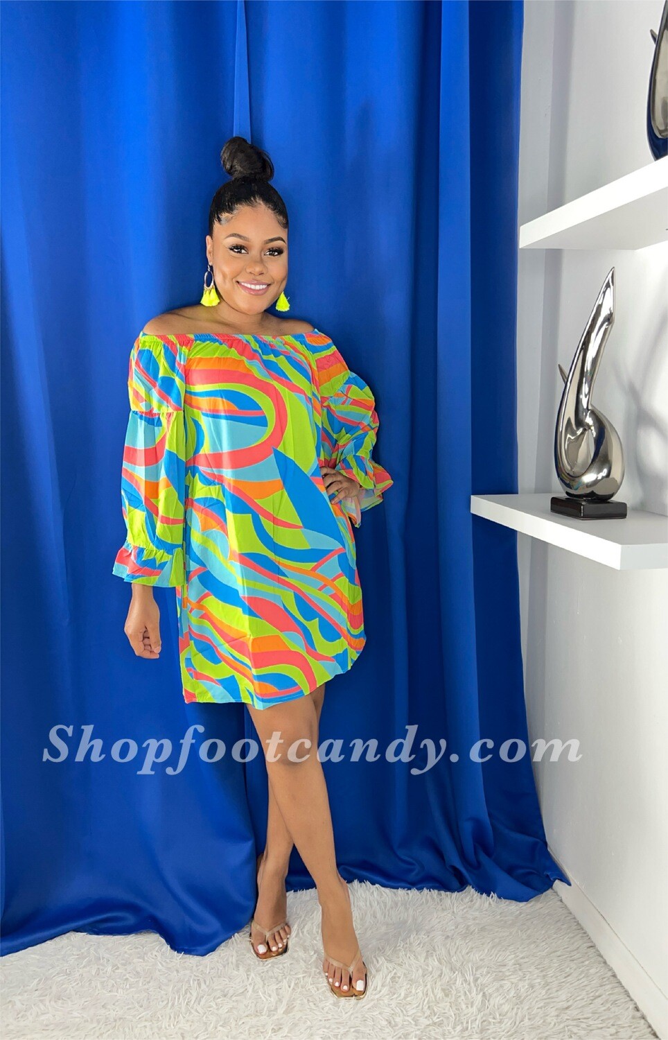 Off The Shoulder. Loose Dress Green Multi