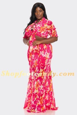 Short Sleeve  Floral Skirt Set Fuchsia Multi
