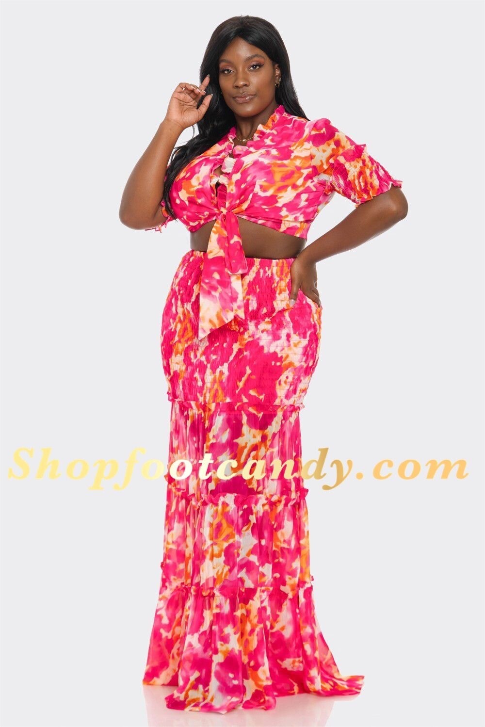 Short Sleeve  Floral Skirt Set Fuchsia Multi