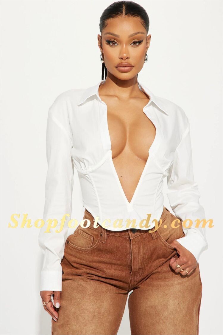 Long Sleeve Deep V Open Front Top White