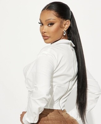 Long Sleeve Deep V Open Front Top White