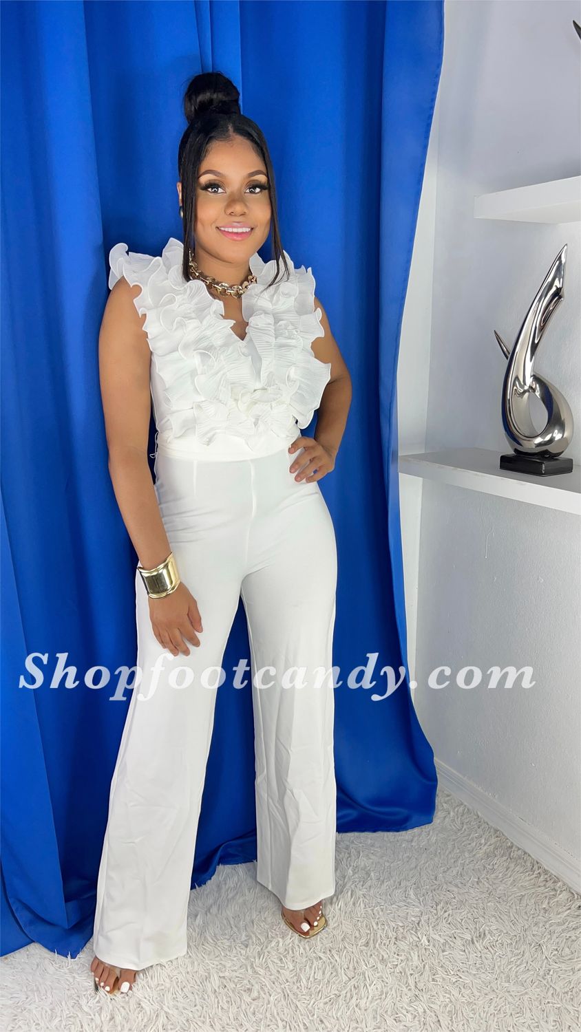 Ruffled Front Jumpsuit White