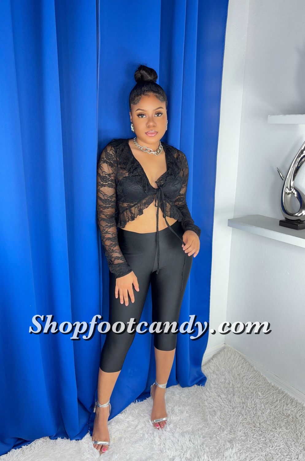 Long Sleeve Lace Top Capri Pants Set Black