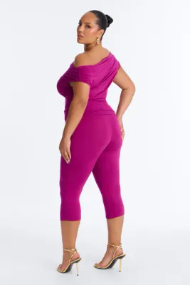Drop Shoulder Top Capri Pants Set Magenta 