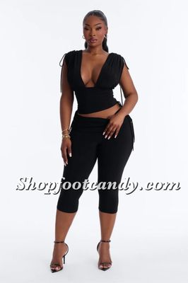 Tie Shoulder Top Capri Set Black