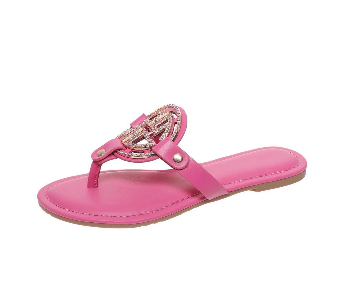 Rhinestone Circle Gold Front Slides Fuchsia