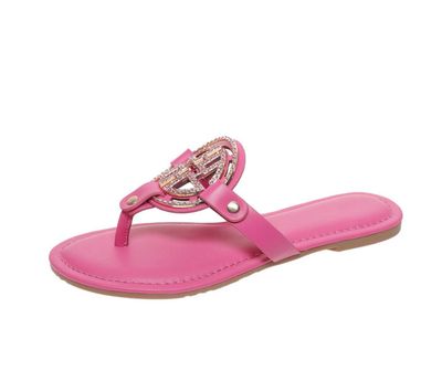 Rhinestone Circle Gold Front Slides Fuchsia