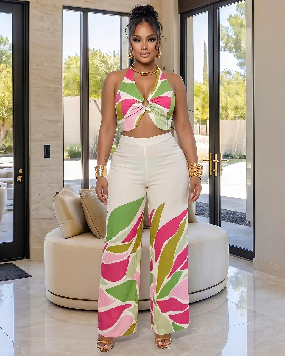 Palazzo Pants Set Cream/Multi