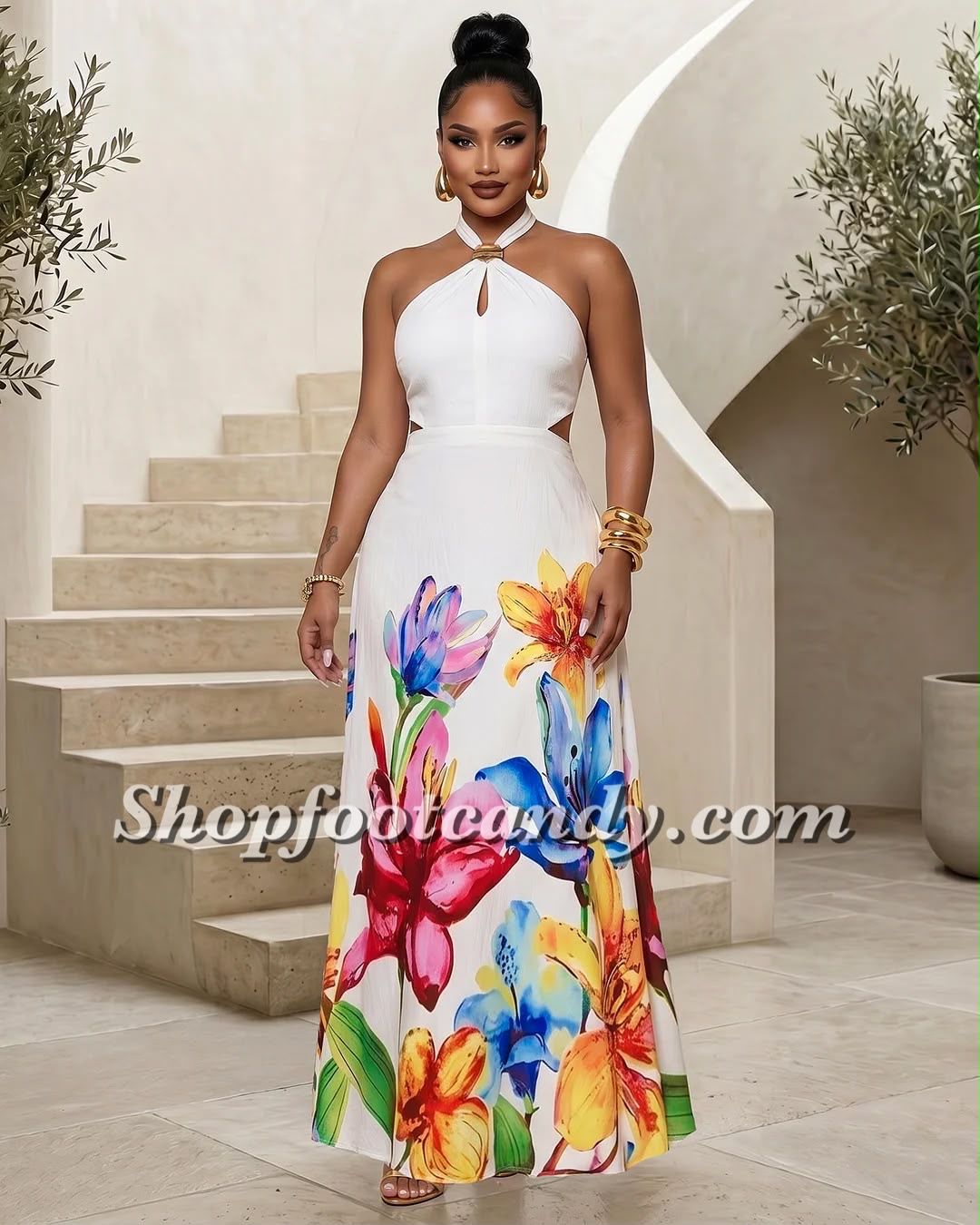 Halter Floral Bottom Maxi Dress White