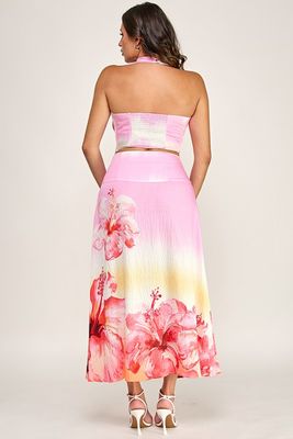 Halter Big Flower Skirt Set White/Pink