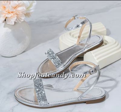 Ankle Strap Glitter Front Silver