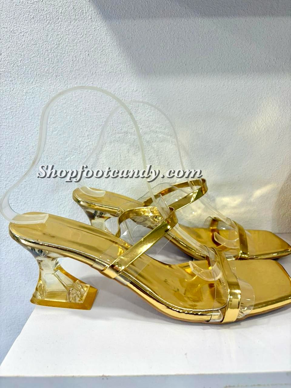 Clear and Gold Strap  Lucite Heel Gold