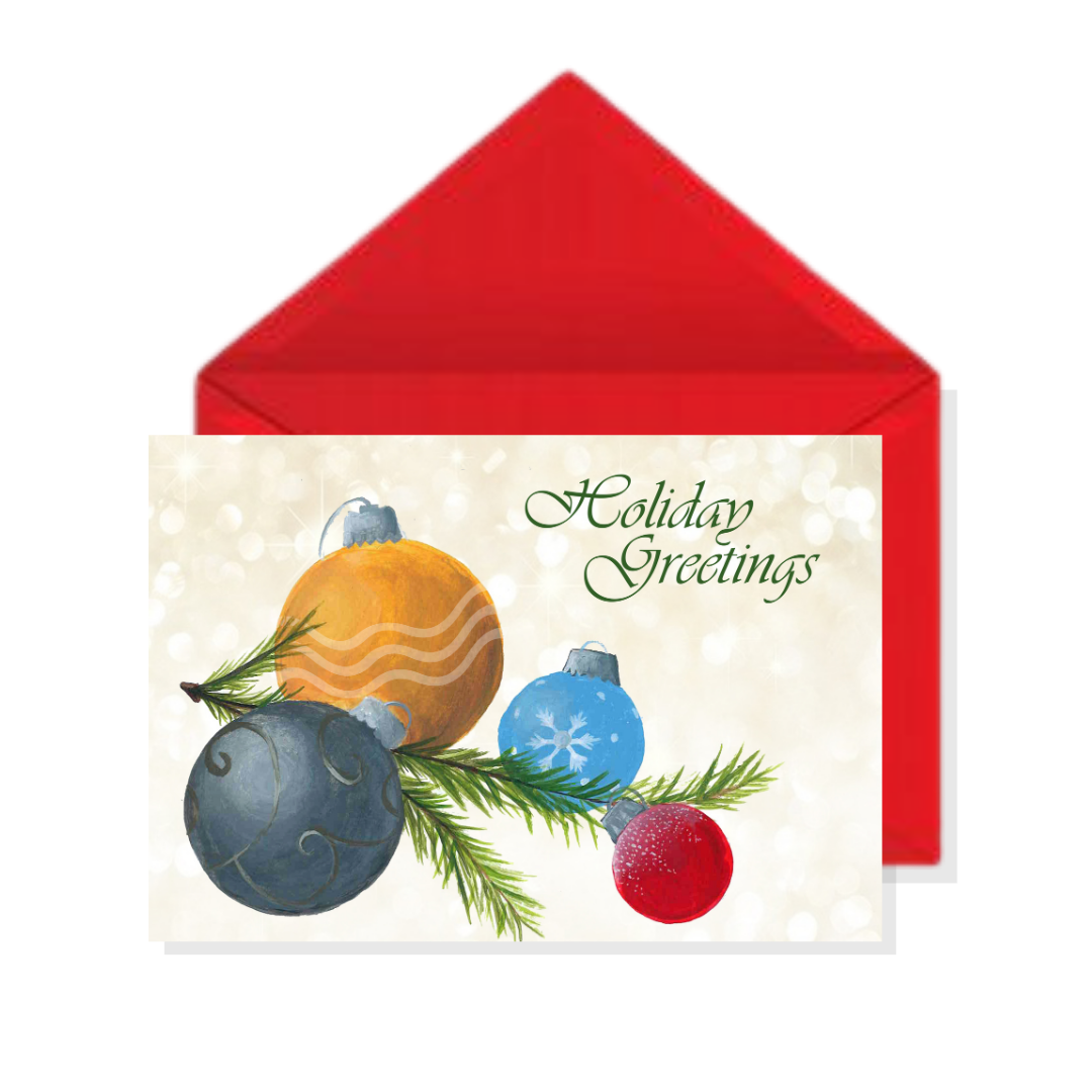 Fir leaves & ornaments christmas card "Ornaments" Holiday Greeting Card Set