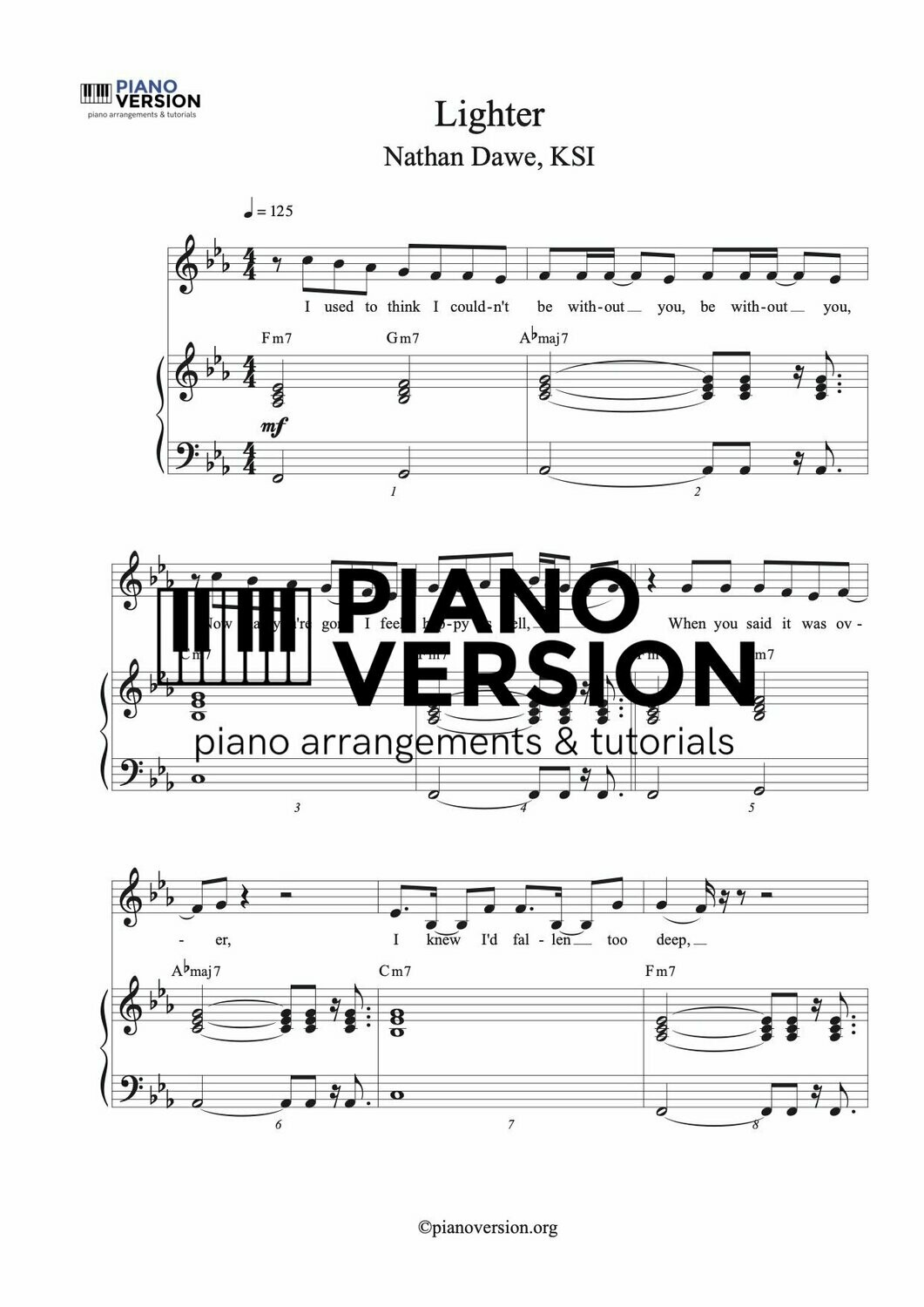 Lighter by Nathan Dawe, KSI Piano Sheet Music