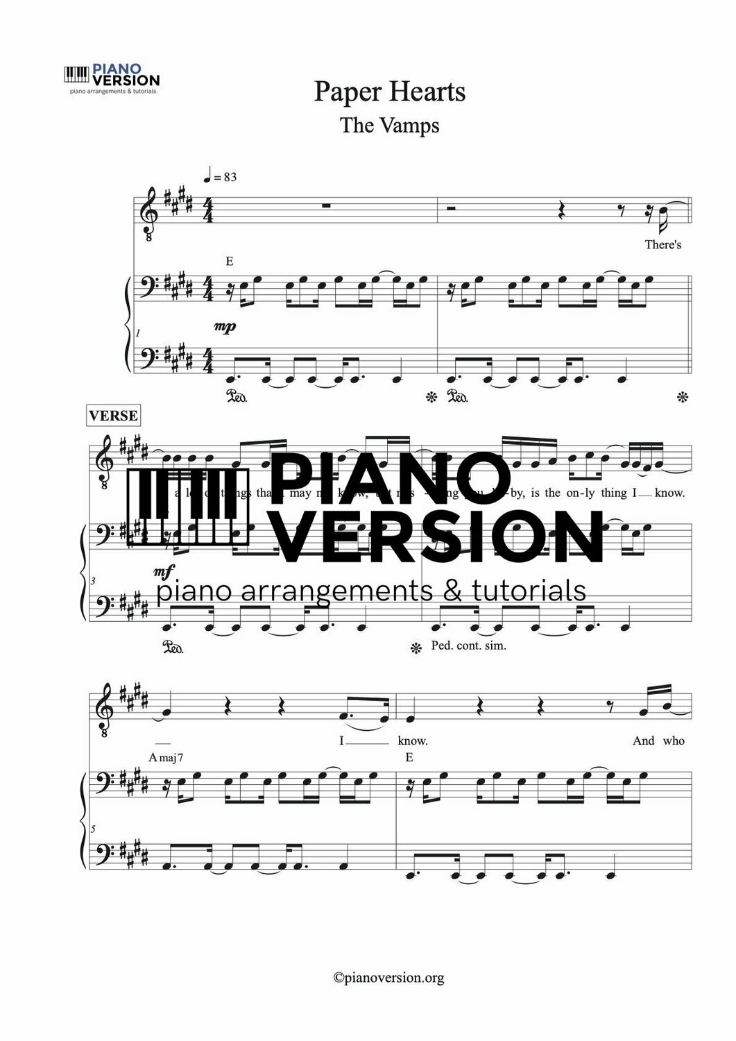 PAPER HEARTS The Vamps Piano Sheet Music