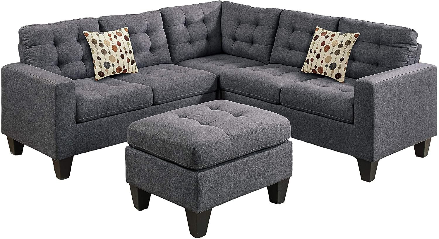 Linen Like 4 Piece Sectional with Ottoman Set Blue Grey