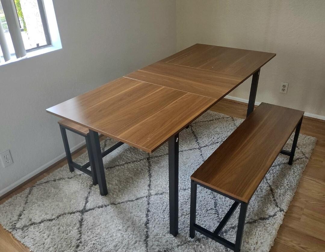 Expandable Walnut Dining Set: 3-Piece XL Table Set for 4-8 People, Includes 2 Benches. Sturdy ...