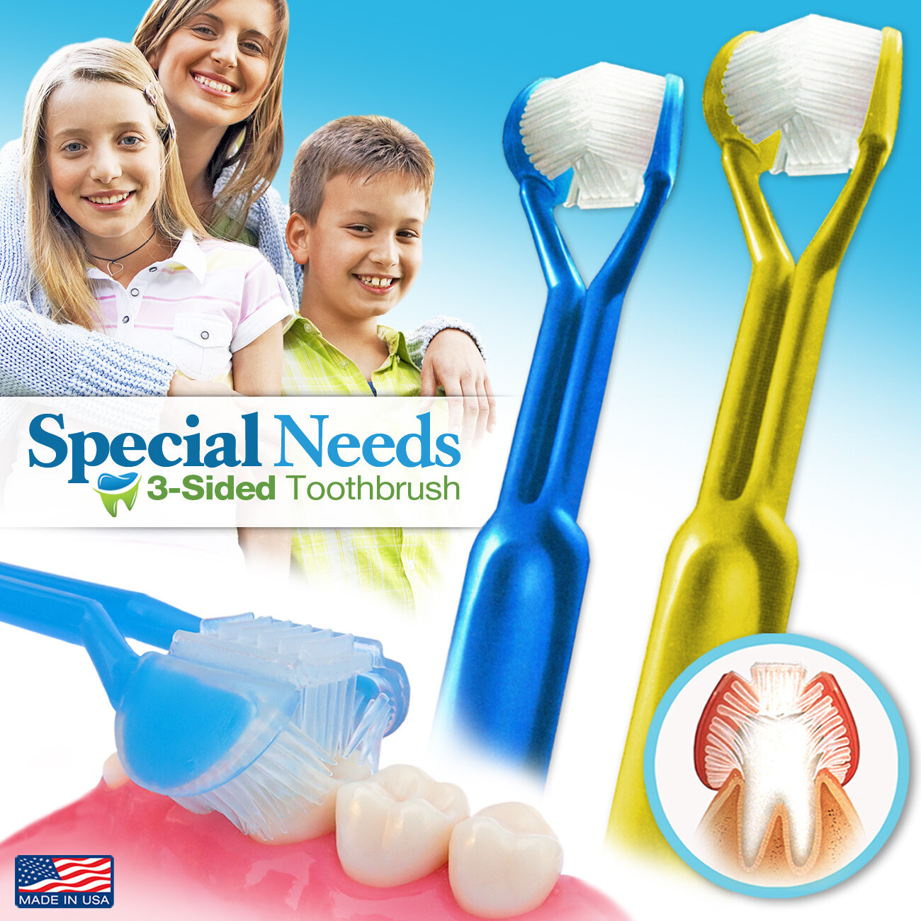 2PK DenTrust for Special Needs The Only ChildSafe 3SIDED Toothbrush Made in USA Fast