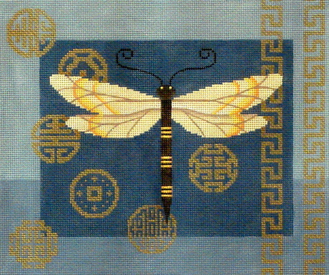 Dragonfly & Coins on Blue (handpainted from JP Needlepoint Designs