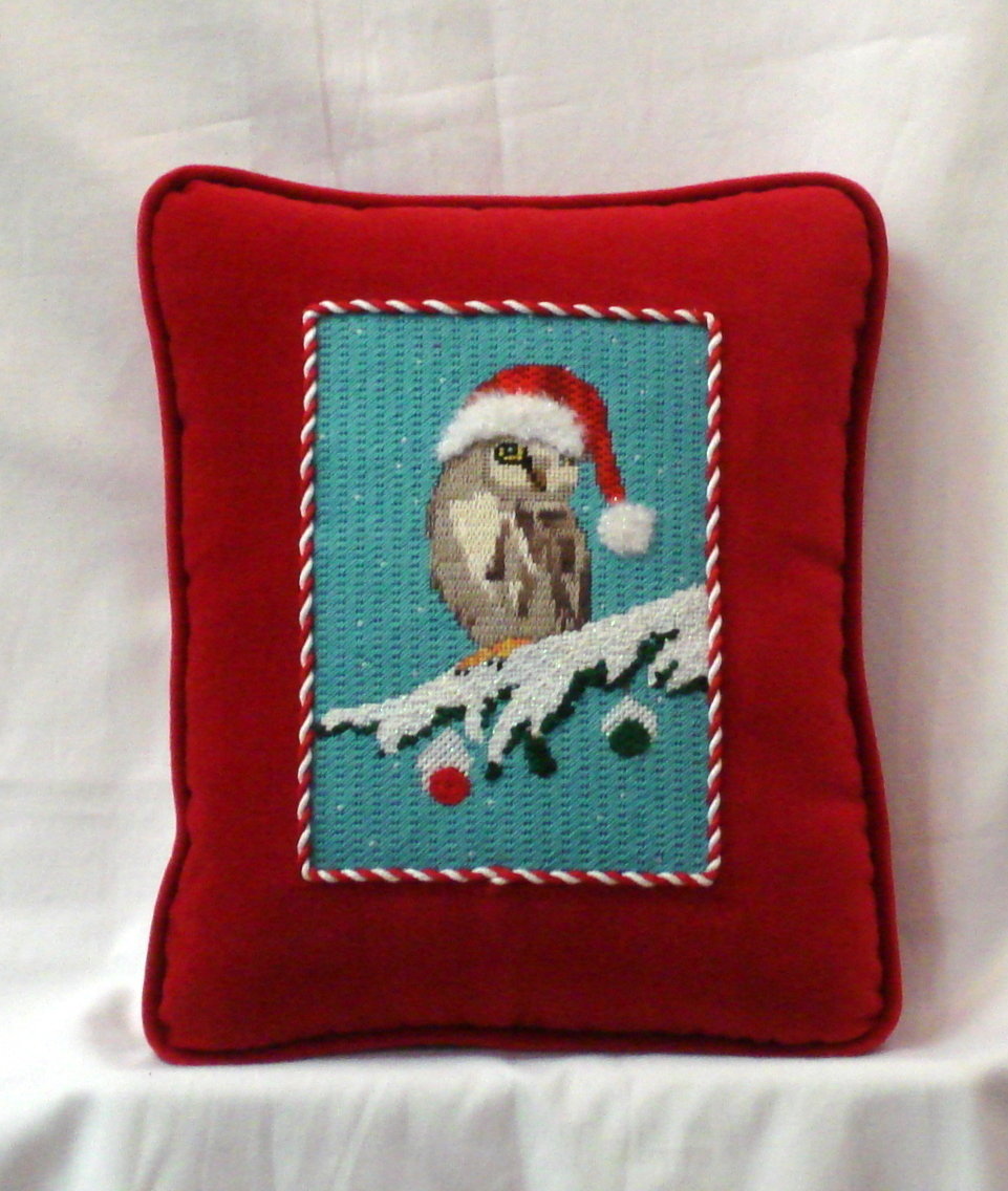 Christmas Owl Pillow (Handpainted needlepoint canvas by Scott Church