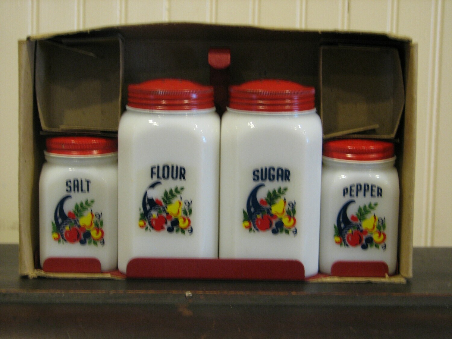 Vintage Milk Glass, Salt, Pepper, Sugar & Flour Shakers w/Red Metal