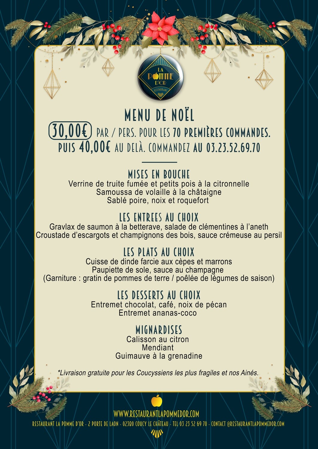 Menu de Noël du Chef Boutique Restaurant La Pomme d'Or à Coucy le