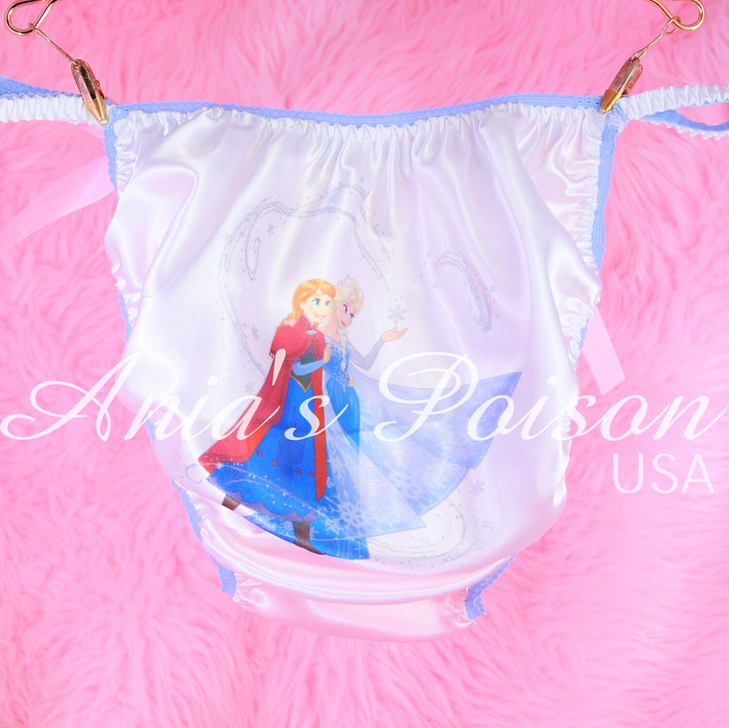 White Rare FROZEN Anna Elsa Magic classic shiny Satin string bikini panties Sissy Princess